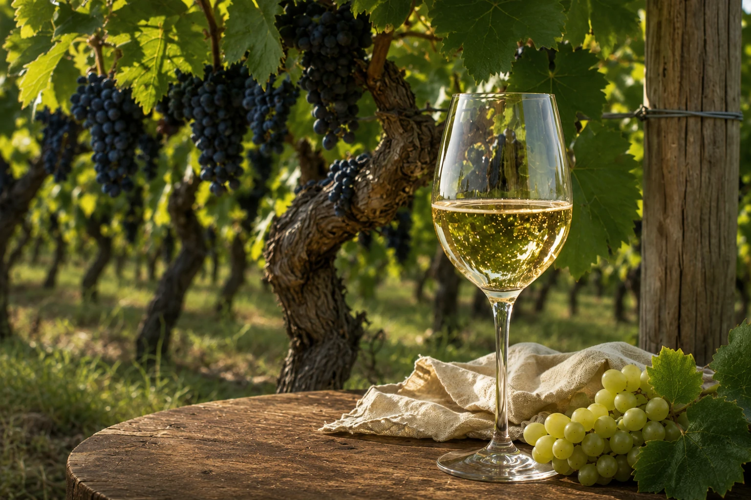 Dark grapes and green vines in warm late-afternoon vineyard light, with a glass of sparkling wine